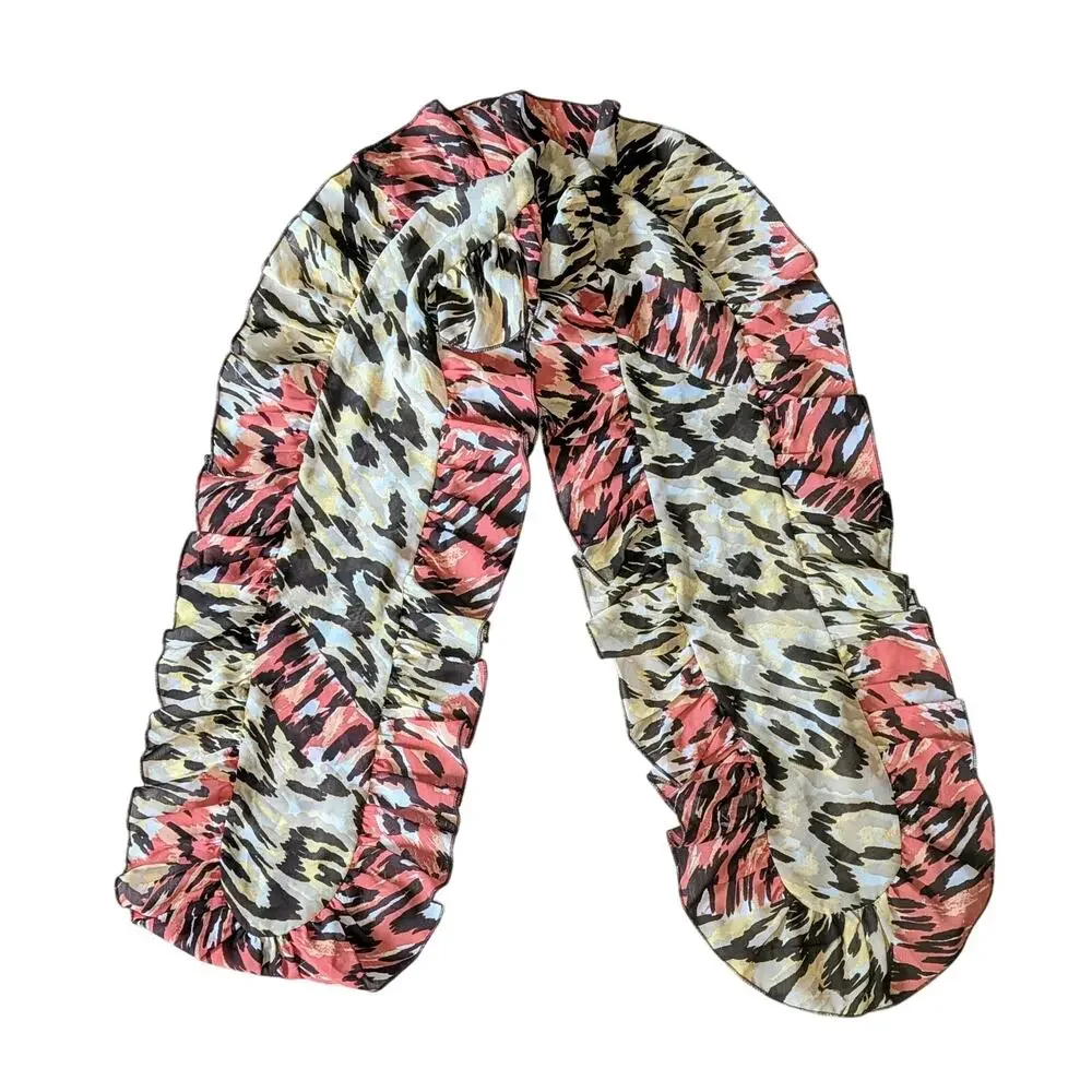 Chico’s Ruffled Animal Print Scarf Coral Beige Black 53 x 8.5 Inches